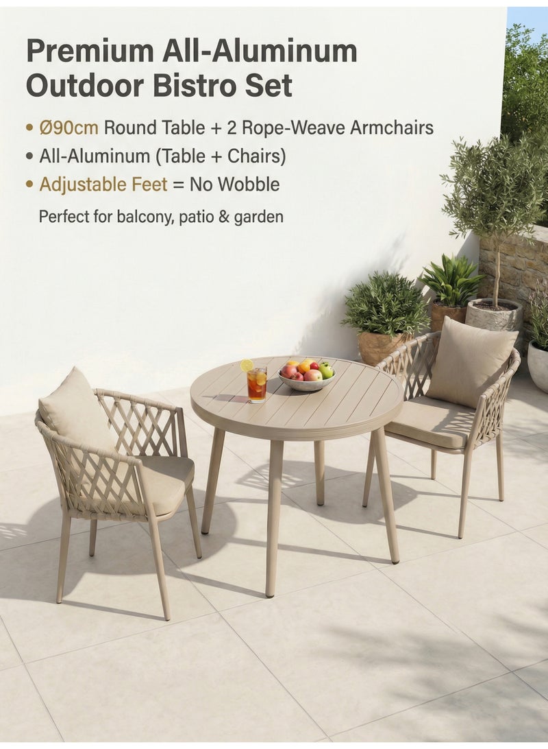 صن رايز طقم طاولة وكراسي خارجية 3 قطع من الألمنيوم، طاولة دائرية وكرسيان بحبل منسوج مع وسائد، للشرفة والتراس والحديقة - Image 2